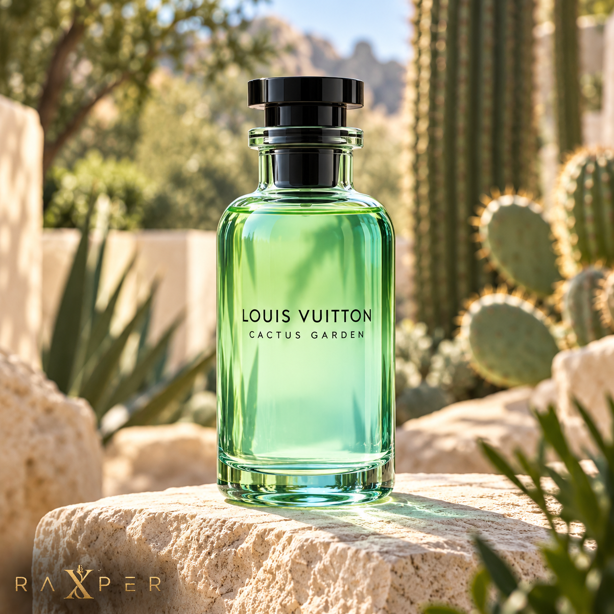 عطر گرمی لویی ویتون کاکتوس گاردن با بطری سبز و آبی شفاف، درپوش مشکی در باغ کاکتوس لوکس با لوگوی رکسپر