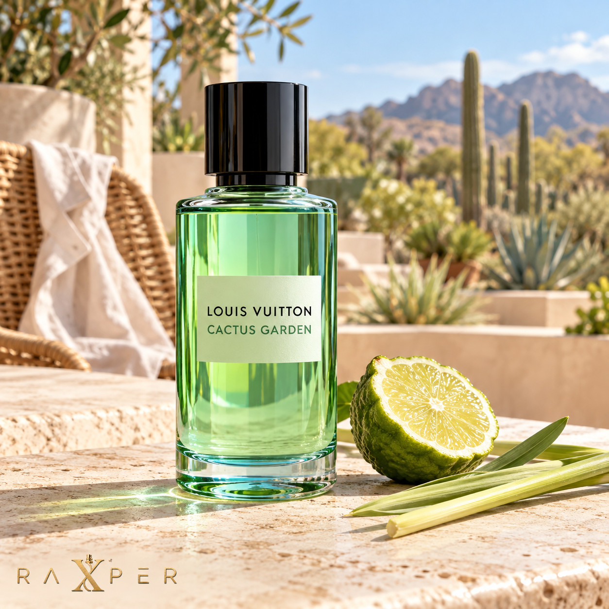 عطر گرمی لویی ویتون کاکتوس گاردن با بطری سبز روی میز تراورتن در تراس لوکس، کنار ترنج و علف لیمو با لوگوی رکسپر