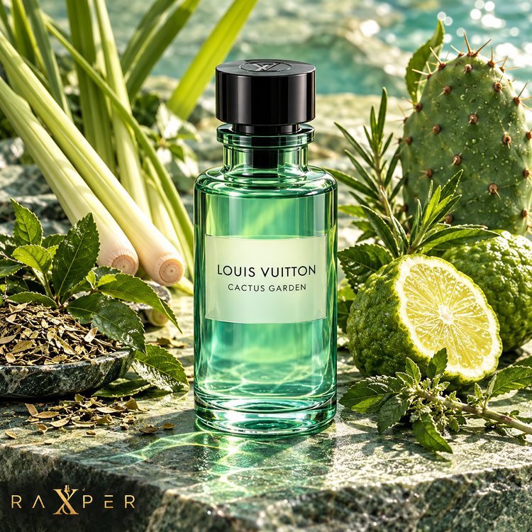 عطر گرمی لویی ویتون کاکتوس گاردن با بطری سبز در کنار برگ چای ماته، علف لیمو، ترنج کالابریایی، گیاهان سبز و کاکتوس با لوگوی رکسپر