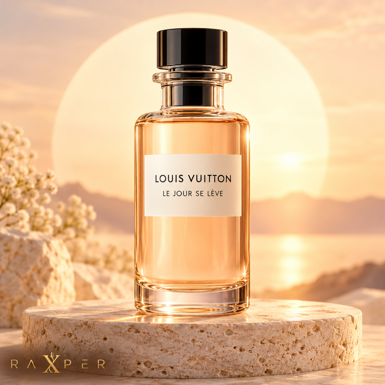 عطر گرمی لویی ویتون لوجور سه‌لو با بطری شفاف هلویی و درپوش مشکی، در فضای طلوع آفتاب با لوگوی رکسپر