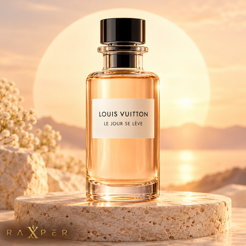 عطر گرمی لویی ویتون لوجور سهلو با بطری شفاف هلویی و درپوش مشکی، در فضای طلوع آفتاب با لوگوی رکسپر