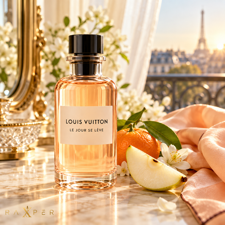 عطر گرمی لویی ویتون لوجور سهلو با بطری هلویی روی میز مرمر در فضای لوکس پاریسی، کنار گلابی، نارنگی و شال ساتن هلویی با لوگوی رکسپر