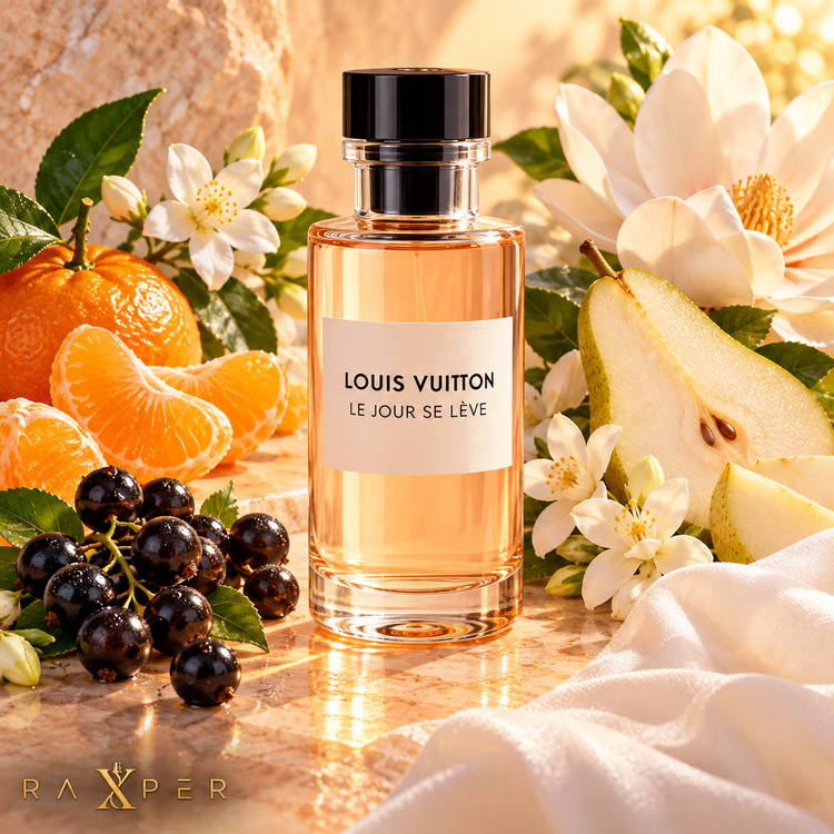 عطر گرمی لویی ویتون لوجور سهلو با بطری هلویی در کنار نارنگی، انگور فرنگی سیاه، گلابی، یاس سامباک، مگنولیا و پارچه سفید با لوگوی رکسپر