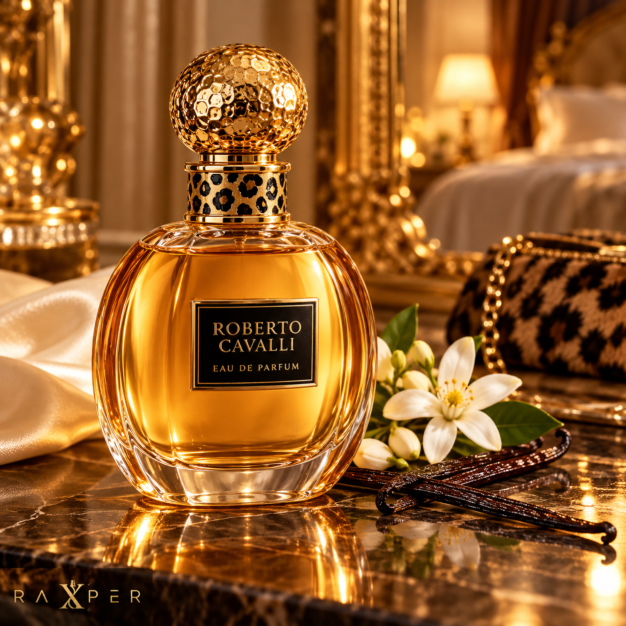 عطر گرمی روبرتو کاوالی گلد با بطری طلایی روی میز مرمر در اتاق لوکس، کنار گل شکوفه پرتقال، وانیل و کیف طرح پلنگی با لوگوی رکسپر