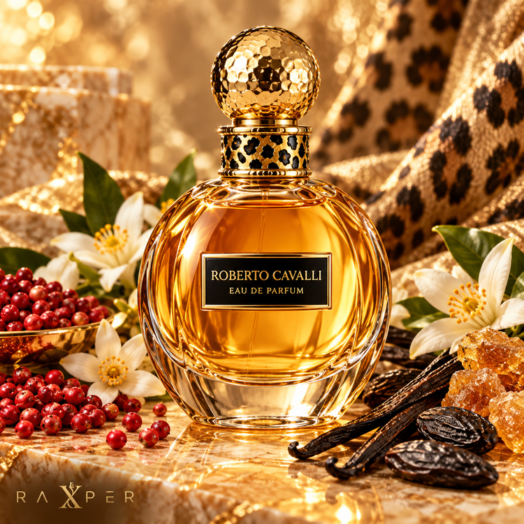 عطر گرمی روبرتو کاوالی گلد با بطری طلایی در کنار فلفل صورتی، شکوفه پرتقال، دانه تونکا، غلاف وانیل و صمغ بنزوئین با لوگوی رکسپر