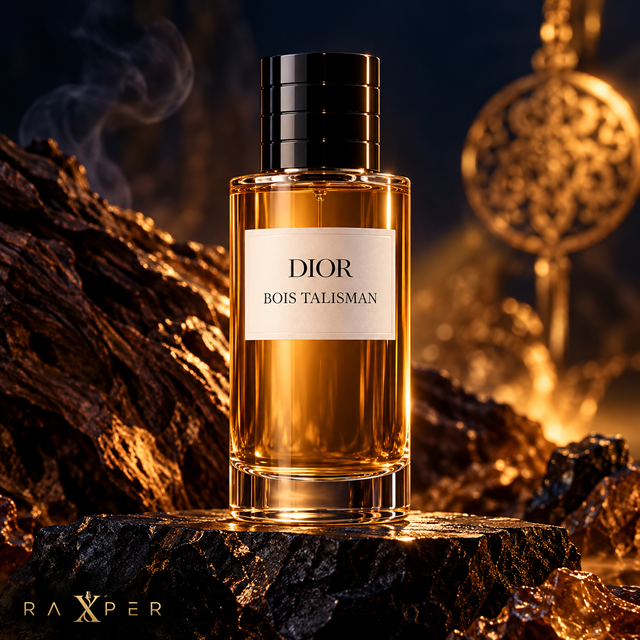 عطر گرمی دیور بوا تالیسمن با بطری شفاف و مایع کهربایی، درپوش مشکی در فضای رازآلود سرمهای و طلایی با لوگوی رکسپر