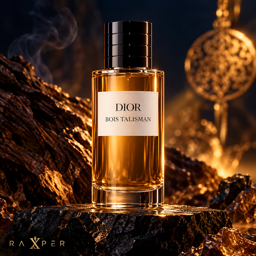 عطر گرمی دیور بوا تالیسمن با بطری شفاف و مایع کهربایی، درپوش مشکی در فضای رازآلود سرمهای و طلایی با لوگوی رکسپر