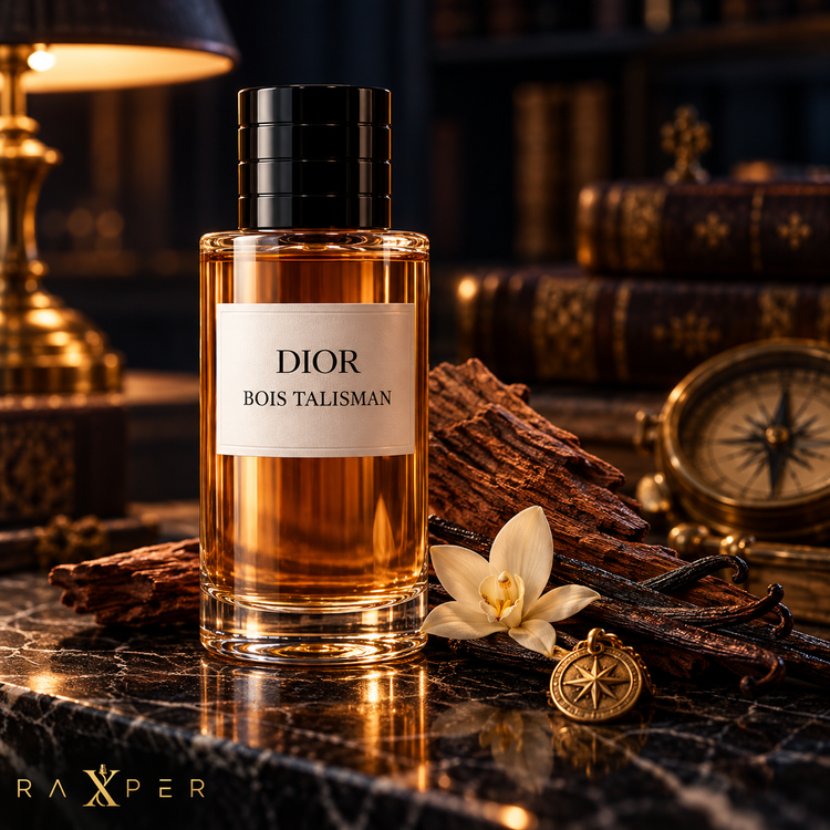 عطر گرمی دیور بوا تالیسمن با بطری کهربایی روی میز مرمر مشکی در کتابخانه لوکس، کنار چوب سدر، وانیل و قطبنمای برنجی با لوگوی رکسپر
