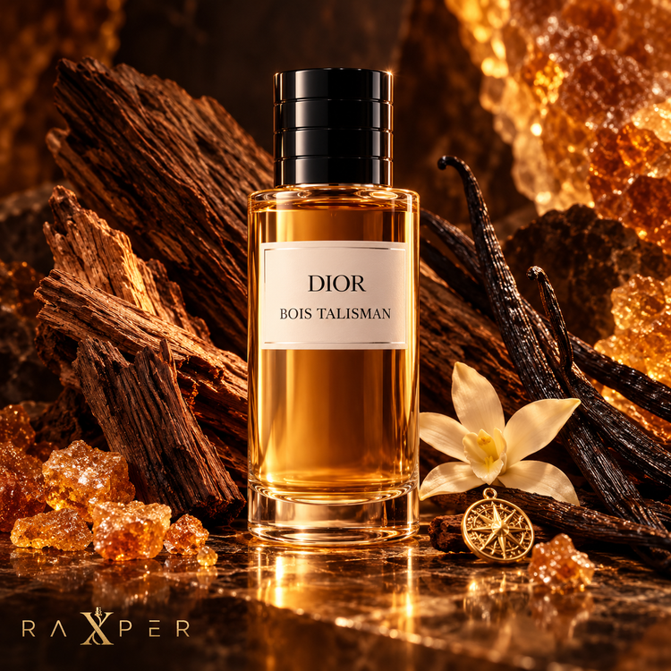 عطر گرمی دیور بوا تالیسمن با بطری کهربایی در کنار چوب سدر، غلاف وانیل، بلورهای شکر، صمغ کهربا و آویز طلایی با لوگوی رکسپر