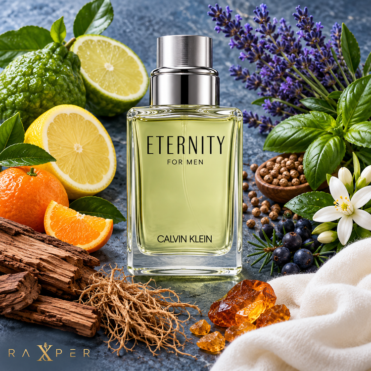 عطر گرمی کالوین کلین اترنیتی با بطری سبز روشن در کنار ترنج، لیمو، نارنگی، اسطوخودوس، گشنیز، ریحان، سرو کوهی، شکوفه پرتقال، چوب سدر، وتیور، کهربا و مشک سفید با لوگوی رکسپر