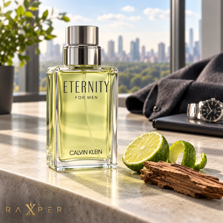 عطر گرمی کالوین کلین اترنیتی با بطری سبز روشن روی میز سنگی در دفتر مدرن، کنار کت طوسی، ساعت نقرهای، پوست ترنج و چوب سدر با لوگوی رکسپر
