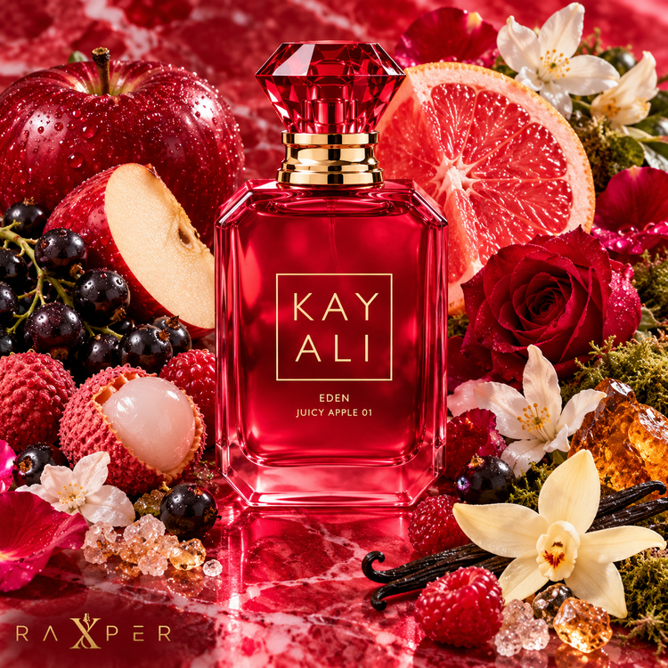 عطر گرمی کایالی ایدن جویسی اپل با بطری سرخابی شفاف، جزئیات طلایی و درپوش کریستالی قرمز در فضای لوکس صورتی با لوگوی رکسپر