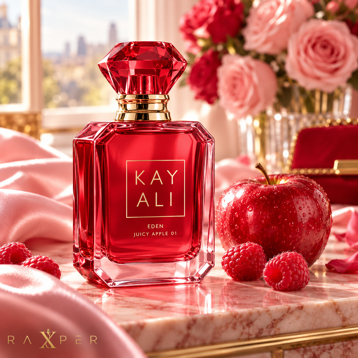 عطر گرمی کایالی ایدن جویسی اپل با بطری سرخابی روی میز مرمر صورتی، کنار سیب قرمز، تمشک، پارچه ساتن صورتی و دسته‌گل رز با لوگوی رکسپر