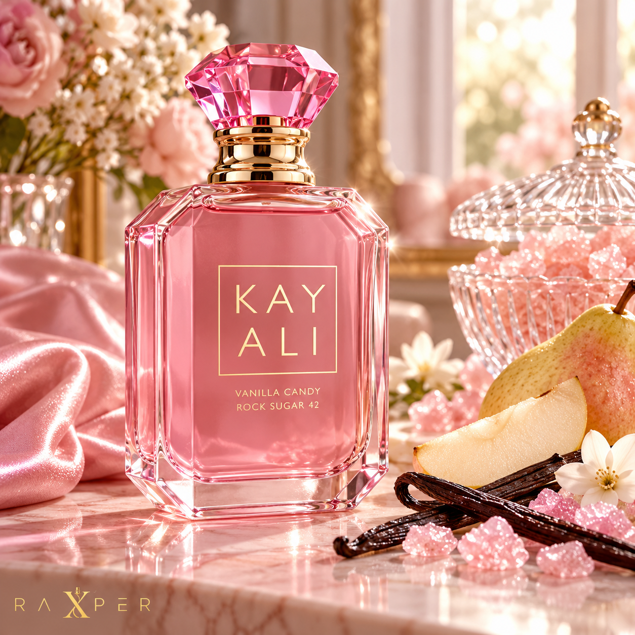 عطر گرمی کایالی ونیلا کندی راک شوگر ۴۲ با بطری صورتی روی میز مرمر صورتی، کنار گلابی، غلاف وانیل، بلورهای شکر و پارچه ساتن با لوگوی رکسپر