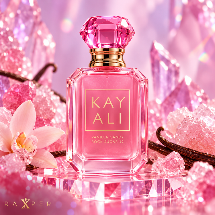عطر گرمی کایالی ونیلا کندی راک شوگر ۴۲ با بطری صورتی در کنار گلابی، رام مشروبی، مارشمالو، کارامل، دانه تونکا، وانیل، یلانگ یلانگ، یاس، نعناع هندی و بلورهای شکر با لوگوی رکسپر