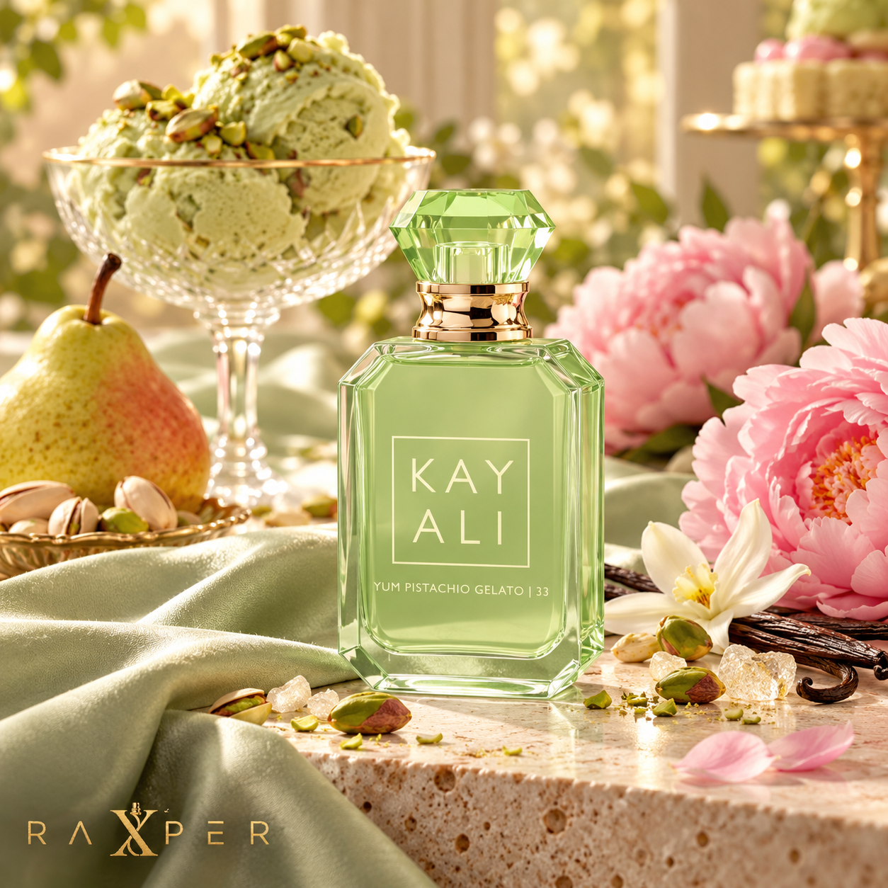 عطر گرمی کایالی یام پسته جلاتو ۳۳ با بطری سبز پاستیلی شفاف، جزئیات طلایی و درپوش کریستالی سبز در فضای لوکس پستهای با لوگوی رکسپر