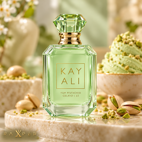 عطر گرمی کایالی یام پسته جلاتو ۳۳ با بطری سبز روی میز سنگی لوکس، کنار بستنی پستهای، گلابی، غلاف وانیل، گل صدتومانی و پارچه ساتن سبز با لوگوی رکسپر